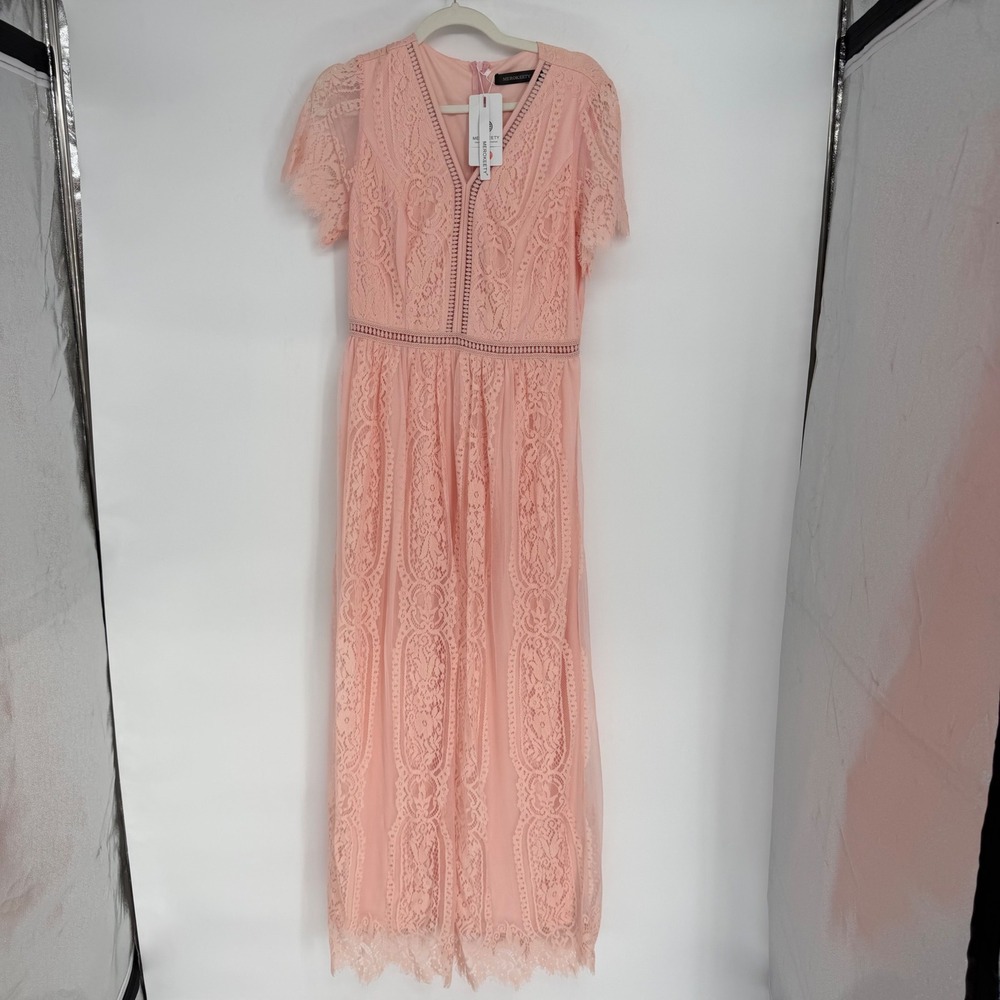 Merokeety Lace Maxi Dress Large Blush Pink NWT Short Sleeve V Neck Wedding Guest